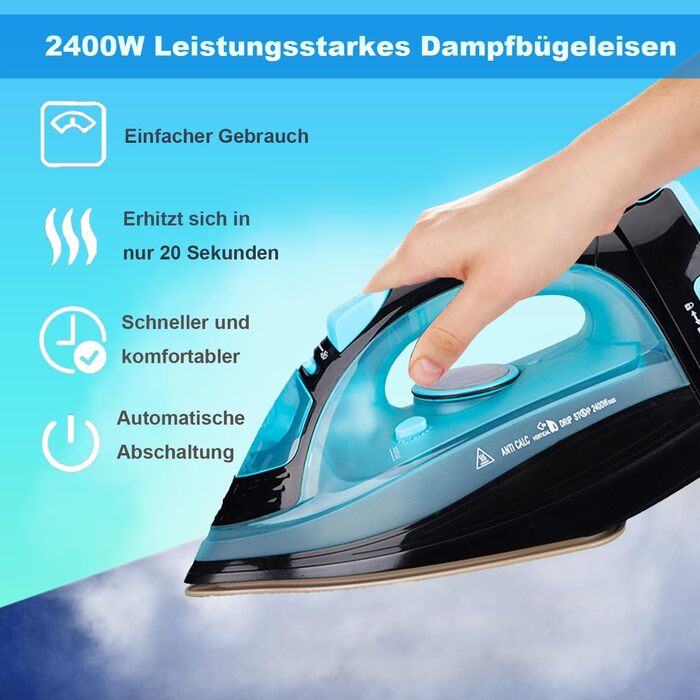 Парове прасування без дротів 2400 Вт: бездрове прасування з керамічною підошвою, вертикальне прасування, захист від накипу, самоочищення та резервуаром для води. Колір: блакитний
