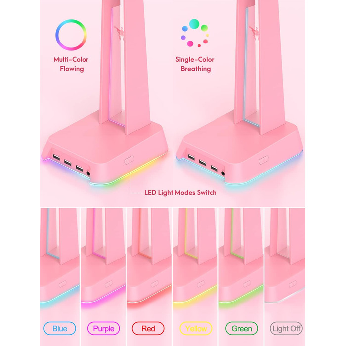 Підставка для навушників PHNIXGAM RGB з концентратором AUX та USB, універсальний тримач для ігрової гарнітури (рожевий)