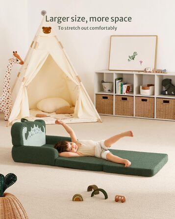 Дитяча крісло-диван Blissful Diary Kindercouch 2-в-1 з динозаврами, зручне, темно-зелене