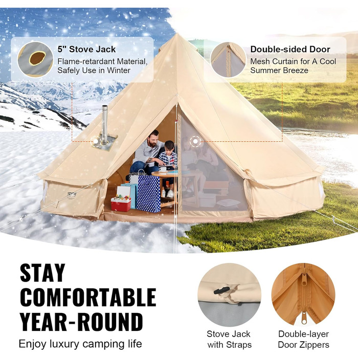 Намет-юрта VEVOR Glockenzelt 3-7м бавовняний TC, для 6-12 осіб, з посиленим каркасом та PVC підлогою - для кемпінгу та відпочинку