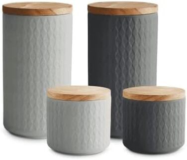 Керамічні банки для зберігання з дерев'яними кришками сірі, гумові дерев'яні кришки, ящики для зберігання, ящики для зберігання продуктів (4 шт) - Mness aptieka Set (сірий)