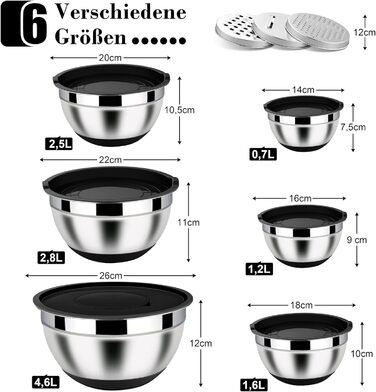 Набір місок Homikit з нержавіючої сталі, 6 шт. з тертками, кришкою та силіконовим дном, 4.6/2.8/2.5/1.6/1.2/0.7 л, чорний
