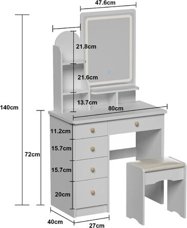 Туалетний столик з підсвічуванням, дзеркало, 5 ящиків, полички, табурет, білий, 80x40x140 см