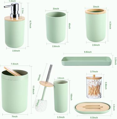 Набір аксесуарів для ванної кімнати iMucci: сміттєвий бак, щітка для унітазу, тримач для зубних щіток, диспенсер для лосьону/мила, мильниця, стакан для щіток, тримач для ватних паличок (бамбуковий), пастельно-зелений, 9 предметів