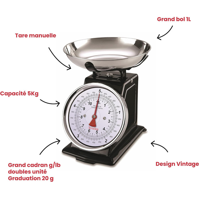 Вінтажні кухонні ваги TERRAILLON ручна тара, великий циферблат і чаша 1 л, діапазон зважування 5 кг модель 'Tradition 500 Black