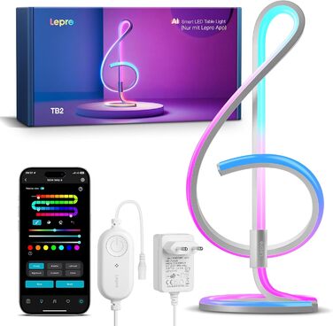 Lepro AI розумна настільна лампа TB2 з персоналізованим AI-дизайном освітлення, синхронізація з музикою/керування через додаток, регулювання яскравості, RGB+IC технологія, сумісна з Alexa/Google, без пульта керування, дизайн 'Скрябін'