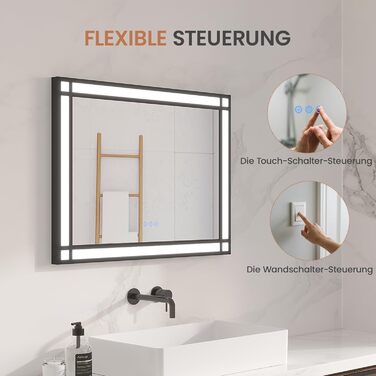 Дзеркало для ванної кімнати AQUABATOS LED з підсвічуванням 50x70 см, імітація вікна, сенсорне регулювання, регулювання яскравості, холодний білий, протизапотівання, чорний алюмінієвий каркас, декор у індустріальному стилі