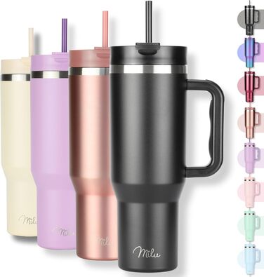 Термокружка Milu 1200 мл з трубочкою та ручкою – термокружка для подарунку на Великдень, День батька, День матері | Подарунок для мами, тата, друзів, бабусі та дідуся | Чорний колір