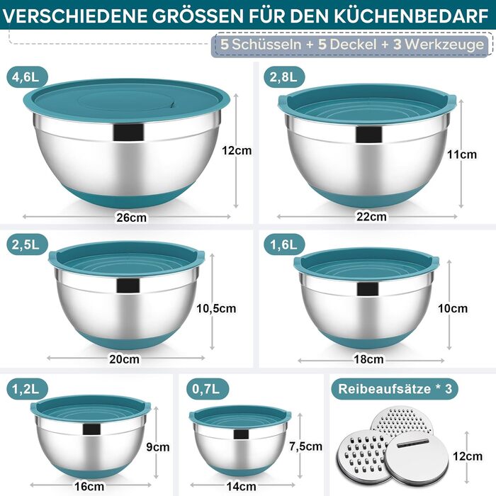 Набір мисок HaWare 6 шт. з нержавіючої сталі з кришками та тертками, 4.6/2.8/2.5/1.6/1.2/0.7 л, силіконове дно, миючі в посудомийній машині