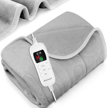 Електрична гріюча ковдра KESSER® з плюшу 180x130 см сірого кольору | з таймером, автоматичним вимкненням, 9 температурних режимів, цифровим дисплеєм, прання до 40°C | сертифікат TÜV SÜD GS