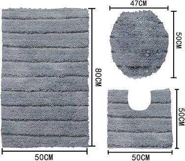 Набір килимків для ванної кімнати Jianyana (3 шт.) з мікрофібри, антиковзаючі, м'які, з довгим ворсом, для душу, у формі контуру, на унітаз, сірий в смужку