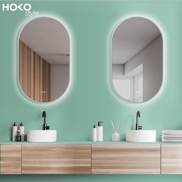 Дзеркало для ванної кімнати LED HOKO Design Turin, овальне, 45x75 см, матовий чорний каркас, сенсорне керування, LED-підсвічування, антизапарник