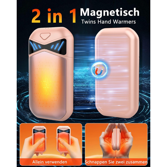 Електричні грілки для рук DDKJ 2 шт. 7000mAh з магнітом, 3 режими нагріву до 55°C, портативні, для дітей, чоловіків, жінок (рожевий)