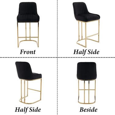 Набір з 2 барних стільців з велюру з золотистими металевими ніжками, м'яке сидіння, зі спинкою, без підлокітників для кухонної зони/домашнього бару (Чорний)