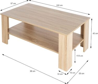 Місткий журнальний столик з полицею для вашої вітальні, 100x57x43 см, Прямокутний, Сучасний стіл для вітальні, Дерев'яний журнальний столик, Стіл для вітальні з місцем для зберігання, Журнальний столик (дуб сонома)