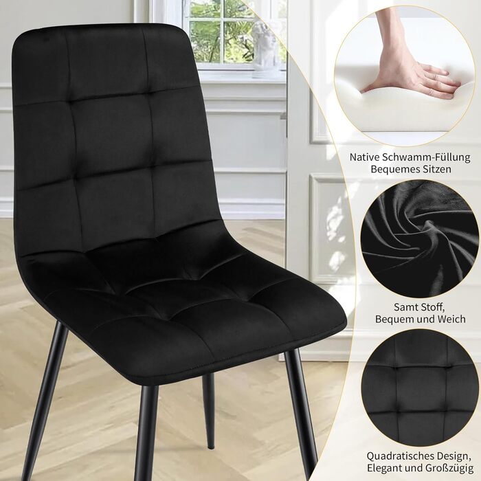 Набір обідніх стільців, м'які стільці з оксамитовою оббивкою та чорними металевими ніжками, кухонні стільці з максимальною вантажопідйомністю 120 кг (4 шт, чорний)