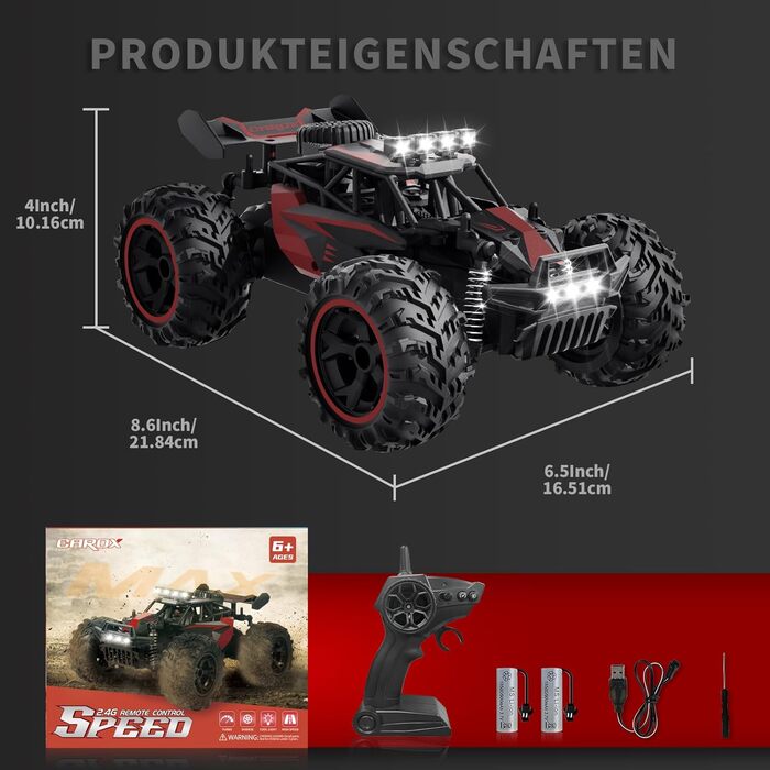 Радіокерований позашляховик Carox 1:18, 2.4 GHz, 25 км/год, Monstertruck з підсвічуванням (Червоний)