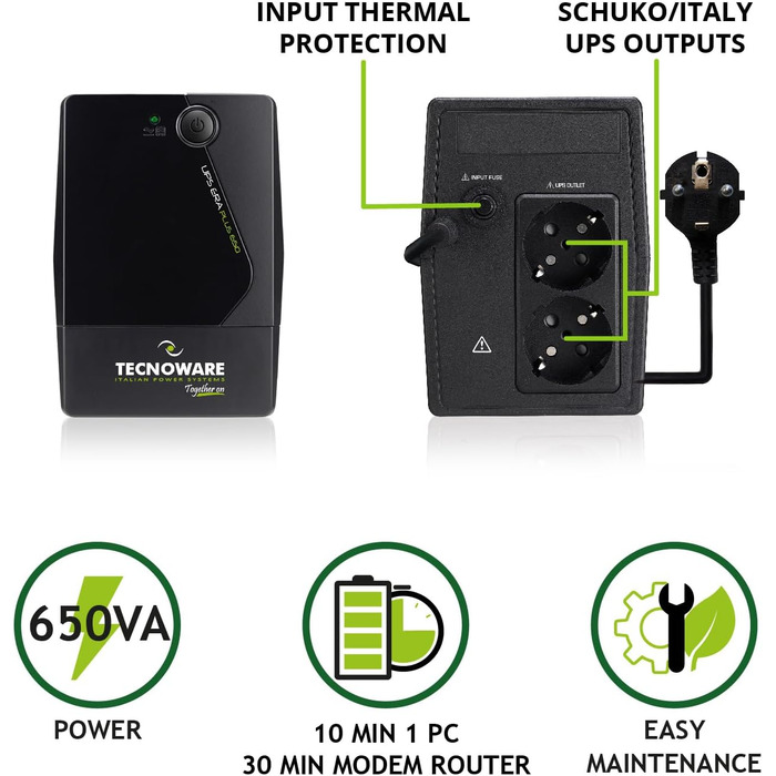 Tecnoware Mini UPS ERA Plus DC: ДБЖ для WiFi/Відеоспостереження, Powerbank 5200mAh, захист від стрибків напруги та відключень до 240 хв (PC/MODEM/VIDEO)