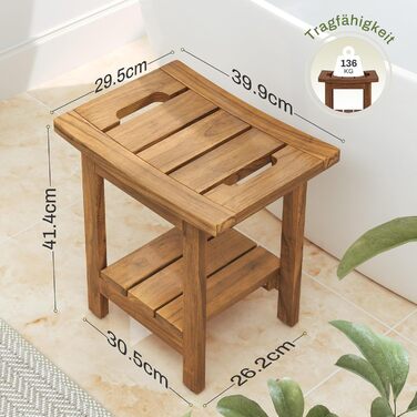 Дзеркало для ванної кімнати LUE BONA з масивного тикового дерева, квадратна лавка для ванної кімнати з дерева, водонепроникний стілець для душу, спа та ванної кімнати, 39.9×29.5×41.4см, (Натуральне тикове дерево)