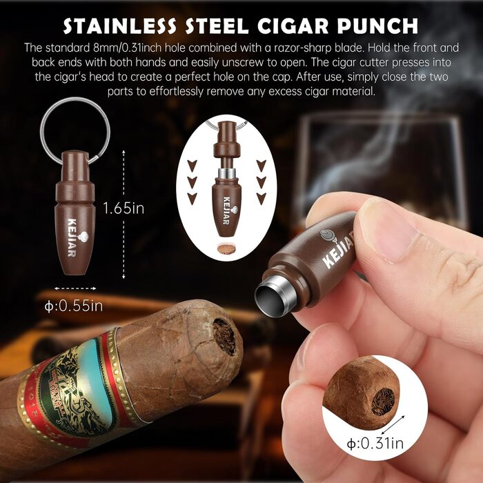 KEJIAR: Набір для зберігання сигар - Humidor з різаком, пуншем та зволожувачами, коричневий