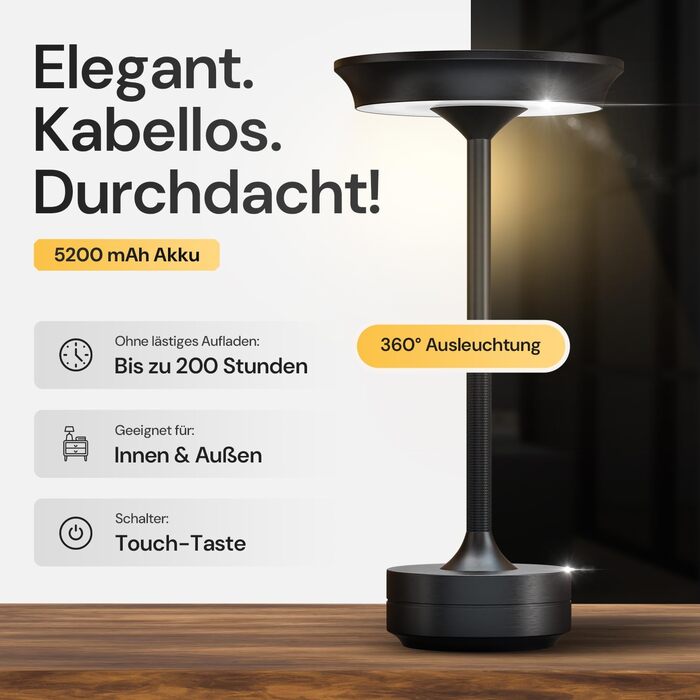 LED настільна лампа Designgold бездротова - стильний дизайн з акумулятором та USB-C - 3 кольори світла та регулювання яскравості - бездротова свобода для використання в приміщенні та на вулиці - акумуляторна, чорна