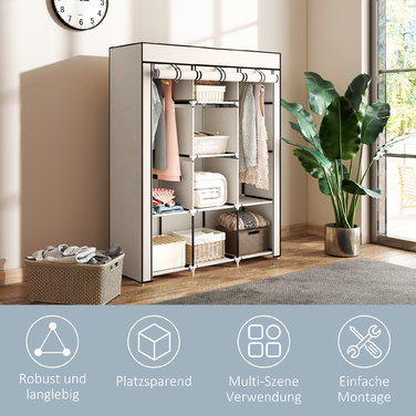 Шафа з тканини, органайзер для зберігання, 8 полиць, 2 штанги для одягу, кремово-білий