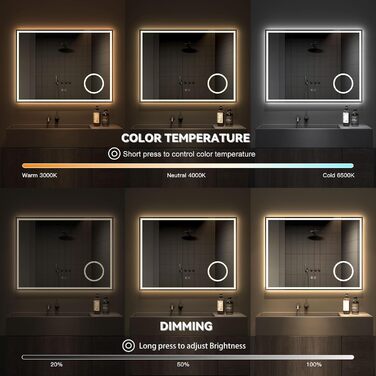 Дзеркало для ванної кімнати з LED-підсвічуванням Dripex, 50x70 см, сенсорне керування, антизапар, холодне біле світло 6400K, енергозберігаюче