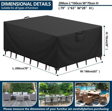 Захисний чохол для садово-патіо меблів, водовідштовхувальний, 420D Oxford, анти-UV, 200x160x70 см