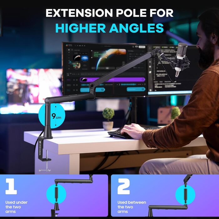CAHAYA Мікрофонний стійкий кронштейн Boom Arm Professional: Регульований мікрофонний кронштейн з подовжувачем, низькопрофільний дизайн для стрімінгу та запису, вантажопідйомність до 2.5 кг