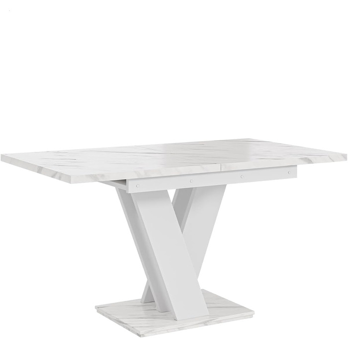 Обідній стіл MebleIni розсувний, сучасний дизайн, кухонний стіл, колона, чорний/білий глянцевий, 120-160x80x75 см, стільниця з білого мармуру/білий матовий