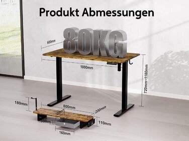 Електричний регульований стіл WALKINGDESK 100x60 см з ящиками, підставка для монітора та тримач для телефону. Для дому та офісу. Колір: рустикальний коричневий