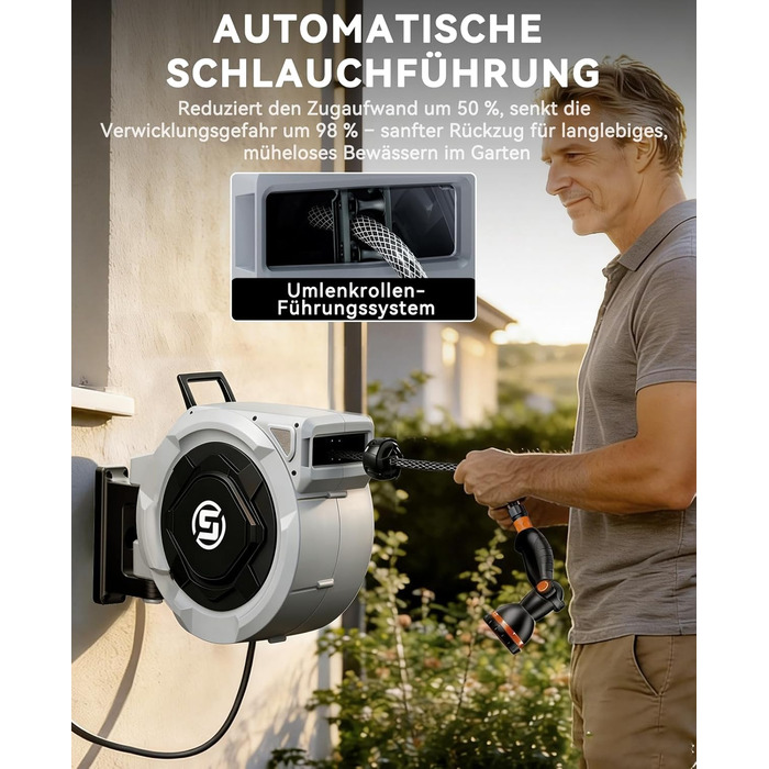 Шланговий барабан SUNPOW настінний 30м для саду, тераси та двору. Автоматичний намотувач шланга 16 мм з фіксацією, поворотна стійка 180°, 10-функціональна насадка для поливу.
