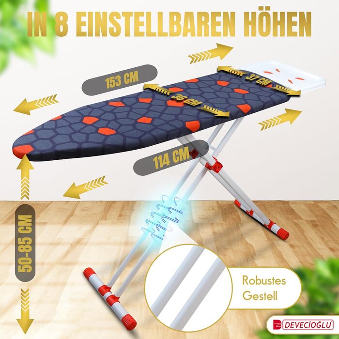 Прасувальна дошка DEVEÇİOĞLU 50-80см з чохлом 36x114см для парогенераторів, складна | Прасувальна дошка Mm480