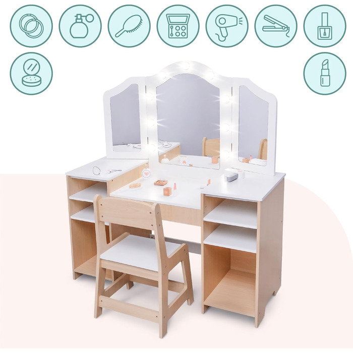 Детський туалетний столик Mamabrum XXL з дерева з пуфом та LED-дзеркалом. Туалетний столик для дівчаток з ящиком, аксесуарами та світлодіодним дзеркалом, від 3 років (MAM238 VANITY TABLE)