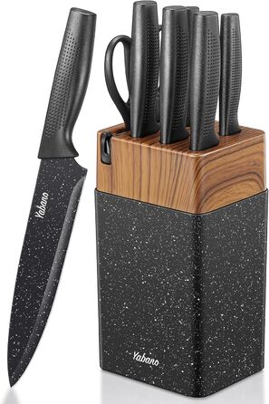 Набір кухонних ножів Yabano, 7 предметів: ніж, ніж для хліба, ніж для овочів, ніж універсальний, ніж для м'яса, ніж для вибору, ніж для очищення з інтегрованим точилом та пластиковим блоком (Speckled)