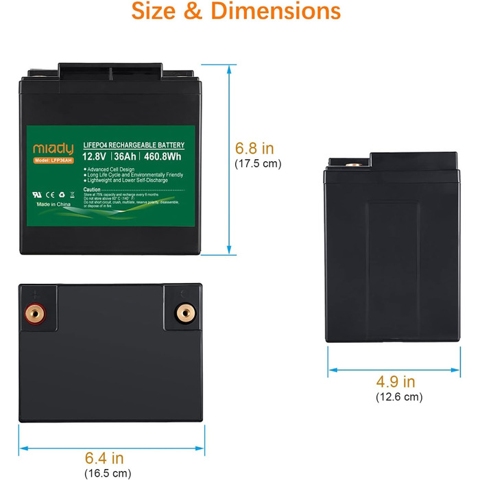 Акумулятор Miady 12V LiFePO4 із захистом BMS, 3000 циклів, для сонячної системи, ехолота, автофургону, човна (36 Ач)