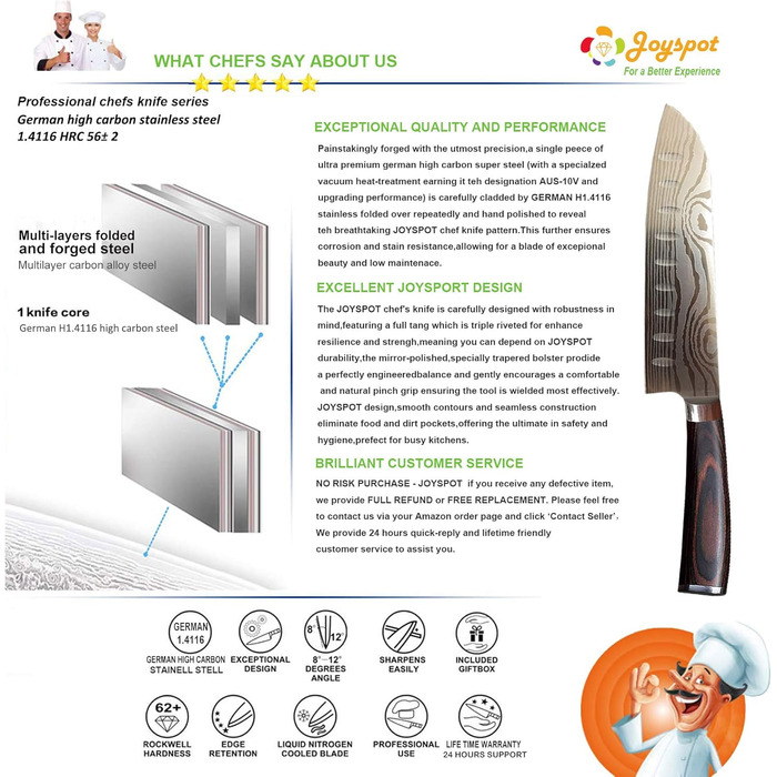 Японський ніж Joyspot Santoku, 18 см, професійний, з нержавіючої сталі, ергономічна ручка, для кухні