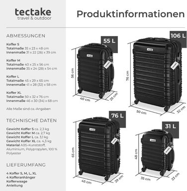 Набір валіз Tectake 4шт: S, M, L, XL з ABS пластику, з колесами, телескопічним ручками та замками. В комплекті вагова шалька та аксесуари для валіз. Чорний колір.