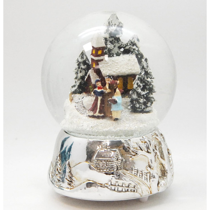 Різдвяна куля Snow Globe з музичною шкатулкою, срібна основа, 140 мм, Різдвяна мелодія