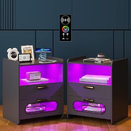 Приліжкова тумбочка Lvifur RGB LED, 2 висувні ящики, сенсор, 20 кольорів, бездротова та USB-зарядка (набір з 2 сірих)