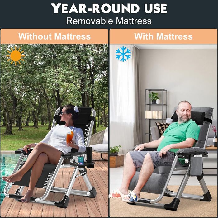 Лежак для відпочинку MOPHOTO Zero Gravity - розкладний, 200 кг, з подушкою та кишенею, для саду, балкону, тераси (сірий)