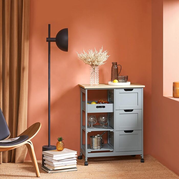 Сервізний візок SoBuy FKW79-SCH – кухонний візок з 2 полицями та підносом, сірий, 68x85x38 см, до 50 кг, MDF