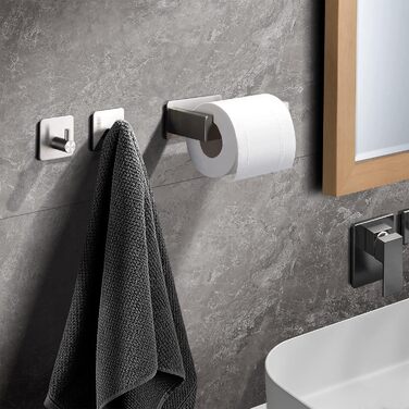 Тримач для туалетного паперу без свердління, самоклеючий тримач рулонів з нержавіючої сталі з 2 гачками для рушників для ванних кімнат і кухні (сріблястий)