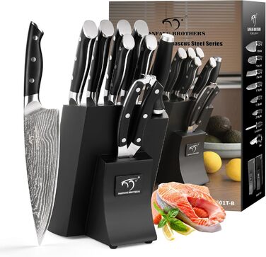 Набір кухонних ножів Дамаск з дерев'яним блоком, професійний набір кухаря, VG10, 67 шарів, преміум якість (9 предметів, чорний)