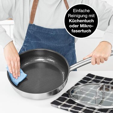 Сковорода з нержавіючої сталі Moritz & Moritz з кришкою 28 см з керамічним покриттям нового покоління - підходить для всіх типів плит - антипригарна сковорода з вафельною структурою для приготування, смаження та тушкування. Діаметр 28 см