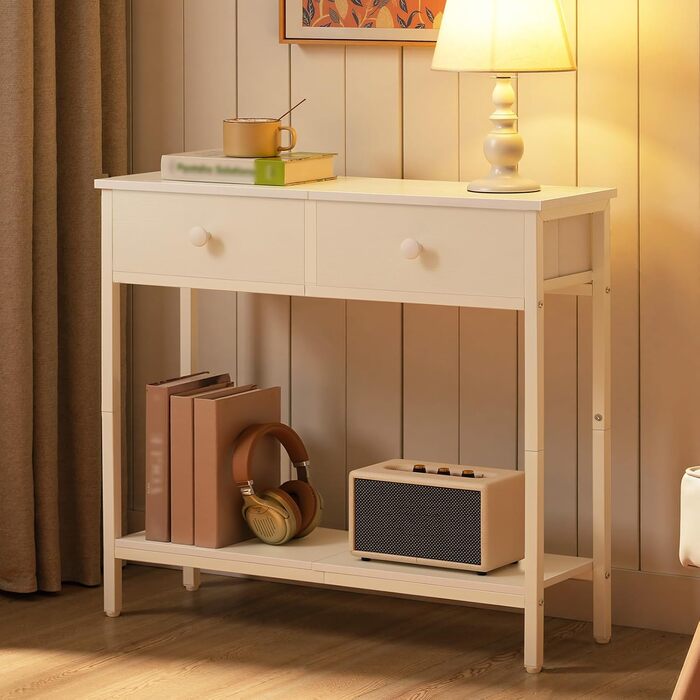 HOOBRO Консольний столик, вузький бічний столик з 2 висувними ящиками з тканини, 75 см, столик для передпокою, журнальний столик для дивану в індустріальному стилі, для передпокою, вітальні, коридору, білий EWW71XG01