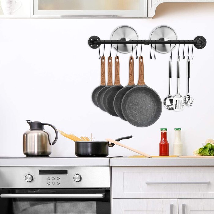 Кухонна підвісна планка Toplife для кухонного начиння, 60 см в промисловому стилі з 10 гачками, кухонна рейка з гачком, тримач для сковороди (80 см/14 мотик)