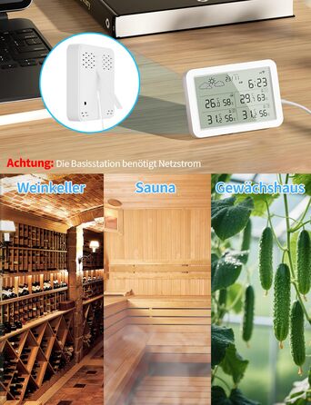 Термометр-гігрометр WIOONI Wi-Fi з LCD-дисплеєм: 3 сенсори + 1 база. Сумісний з Tuya/Smart Life