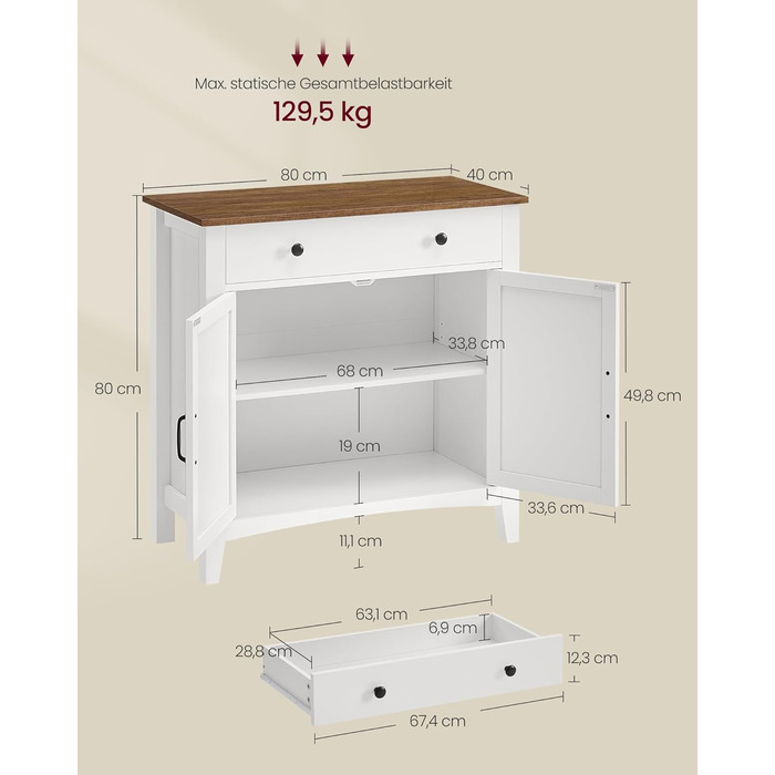 Шафа VASAGLE для кухні, комод, шафа для зберігання з ящиками та дверцятами, регульована полиця, стиль кантрі, для вітальні, кухні, їдальні, 40 x 140 x 80 см, вінтажний білий + медовий колір, BBK381W02