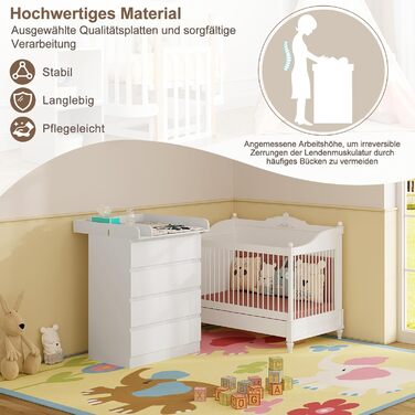 Комод для переодягання дитини Woltu з знімним пеленальним столиком, пеленальний столик, комод з 4 висувними ящиками, висота 110 см, білий + глянсовий білий